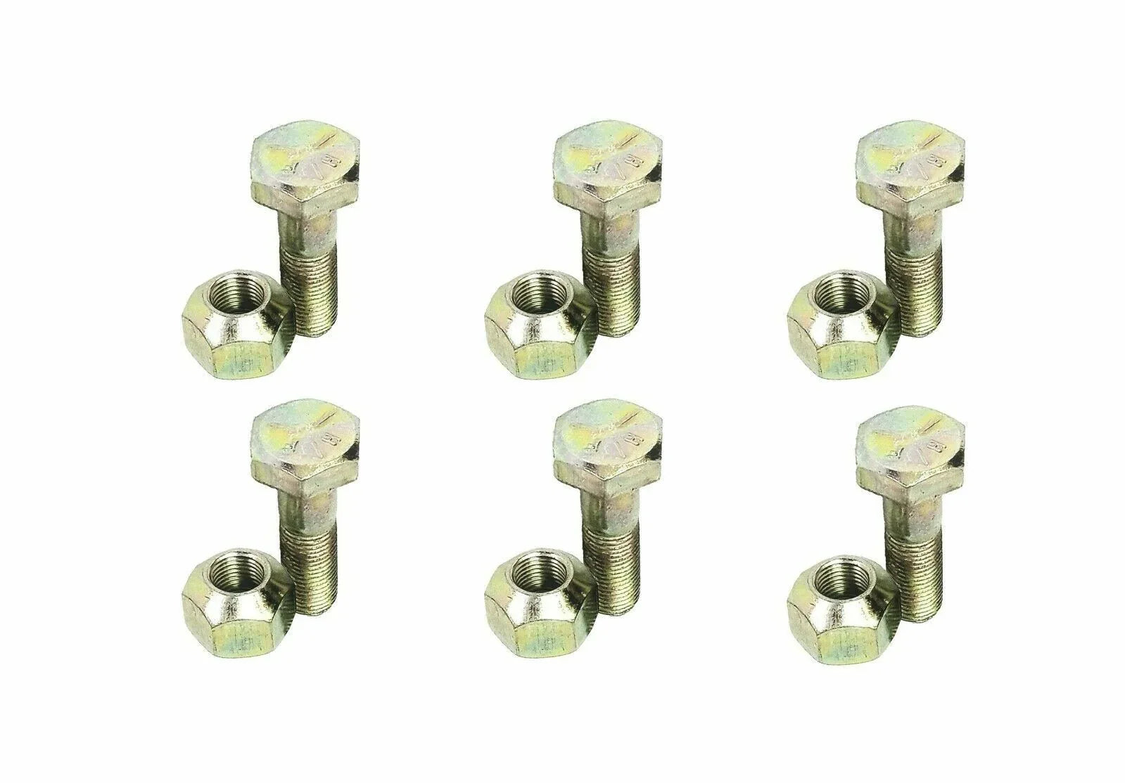 Tractor hub bolt and nut set of six: hex bolts with matching hex nuts