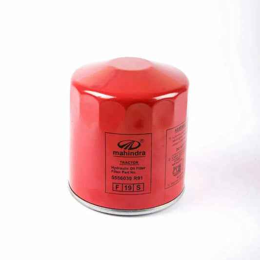OEM hydraulic filter for Mahindra tractor, red metal canister, essential for hydraulic system performance
