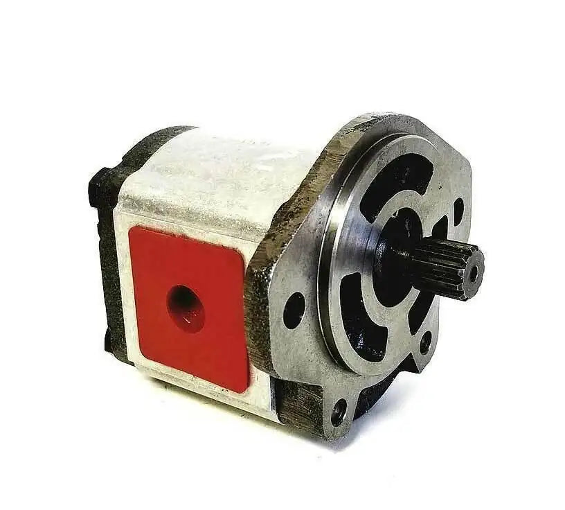 Hydraulic pump with metal housing, red side label, and front circular port plate
