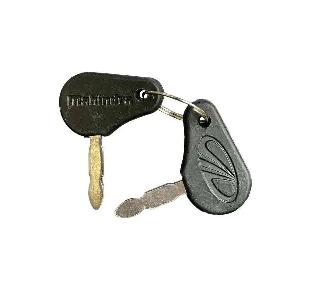 Mahindra tractor ignition key 005555207r1 with OEM logo, featuring two metal keys on a black fob