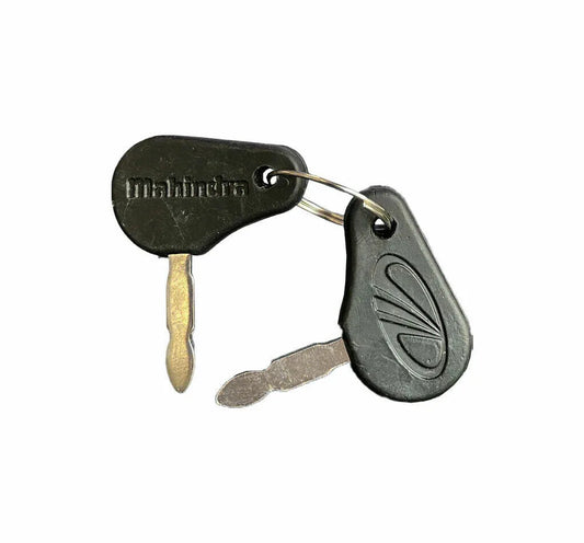 Mahindra tractor ignition key set, two keys made of durable metal with black plastic key heads