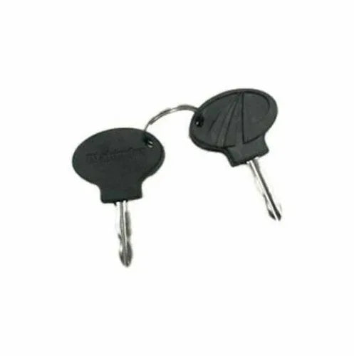 Pair of tractor starter keys with black plastic heads and two metal blades