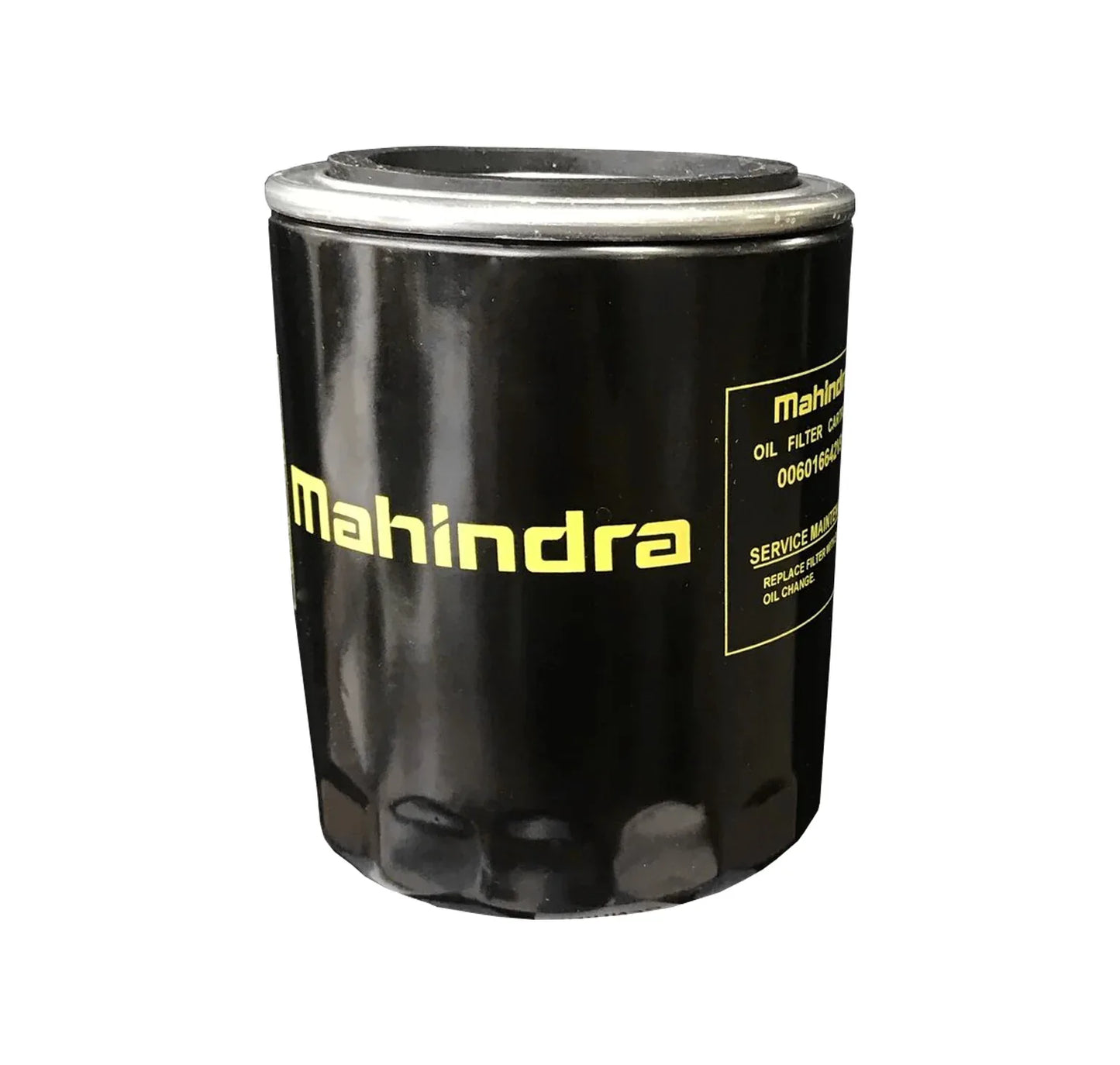 Mahindra oil filter, black metal cylindrical canister with top opening and label