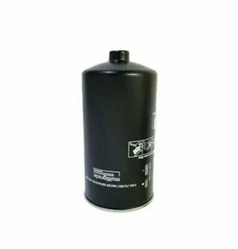 Tractor fuel filter, black cylindrical canister with metal top fitting