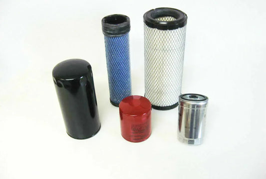 Five Mahindra tractor filters including oil, air, and fuel filters for reliable engine performance