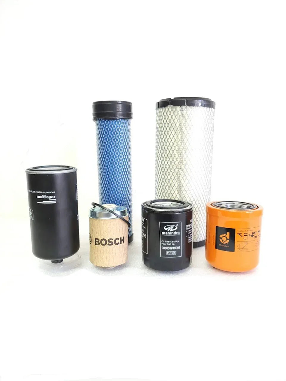 Tractor filter pack of six cylindrical filters, blue and white elements, black and orange housings