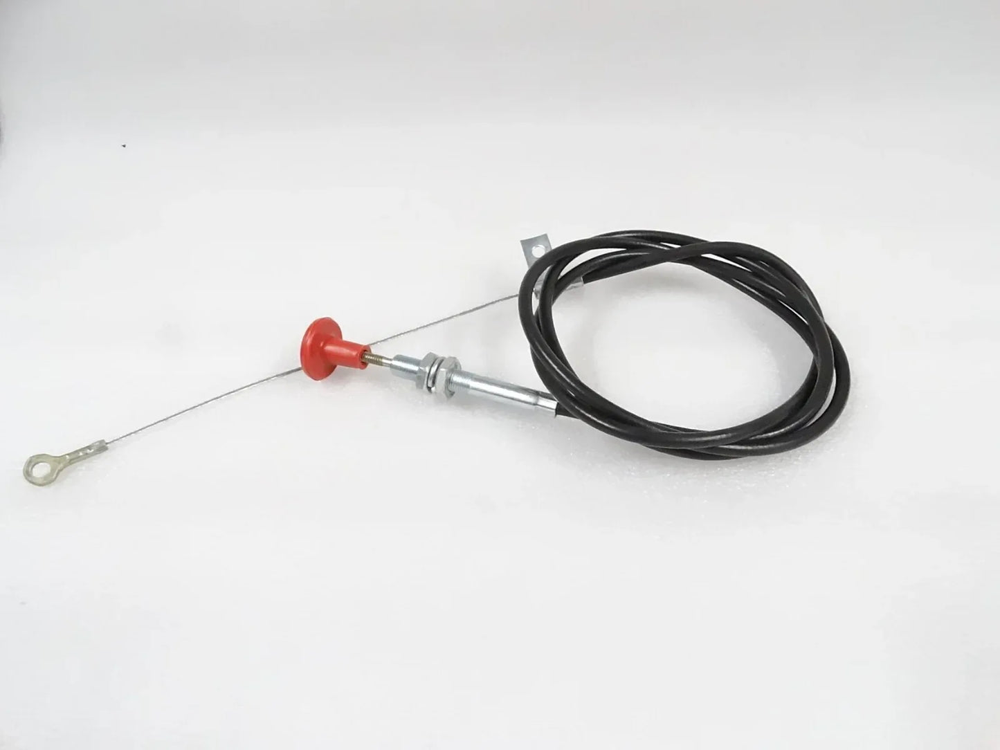 Tractor choke pull cable with red knob, metal fitting and black cord loop