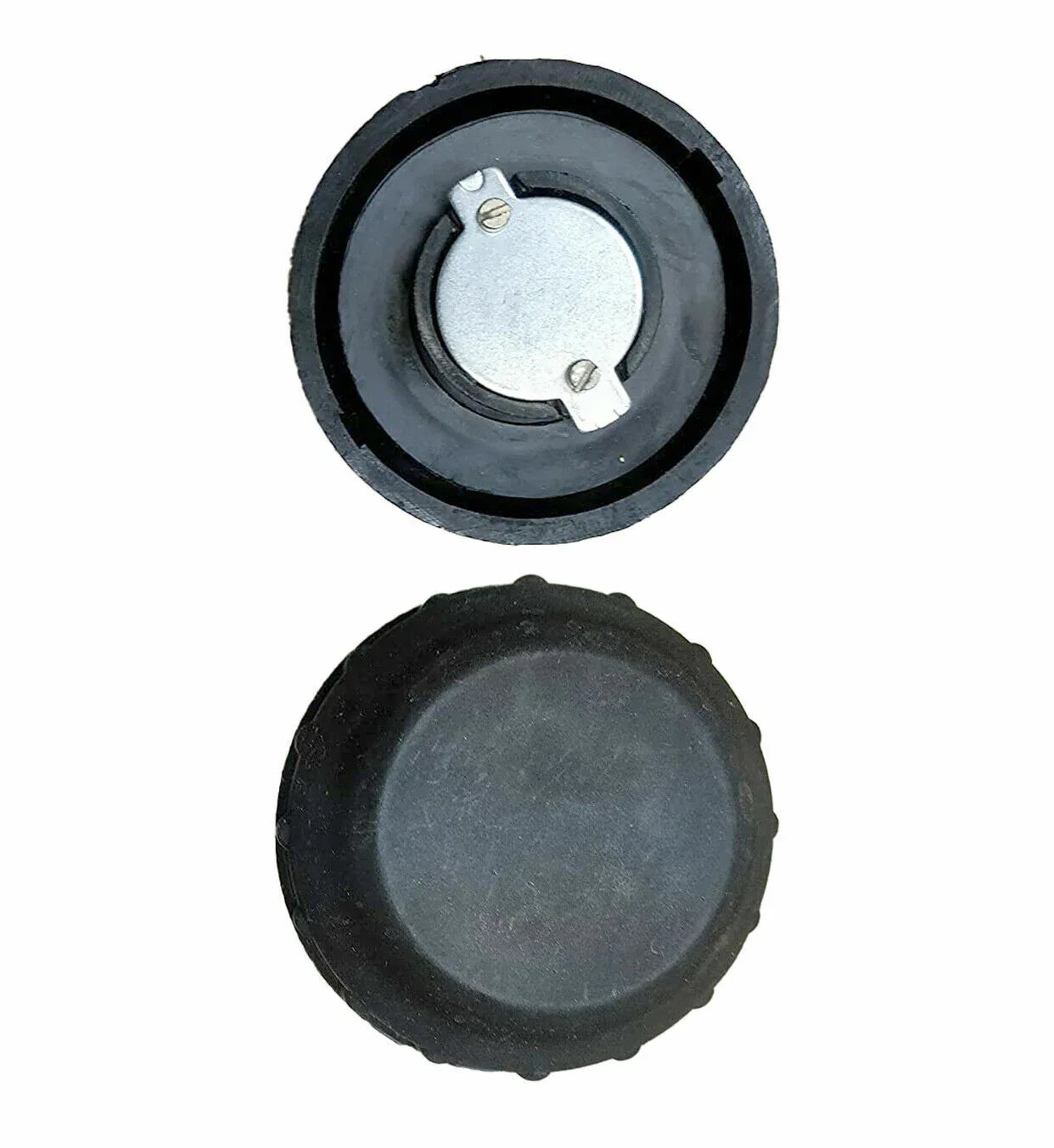 Tractor fuel tank cap, round black cap with metal insert and mounting slots