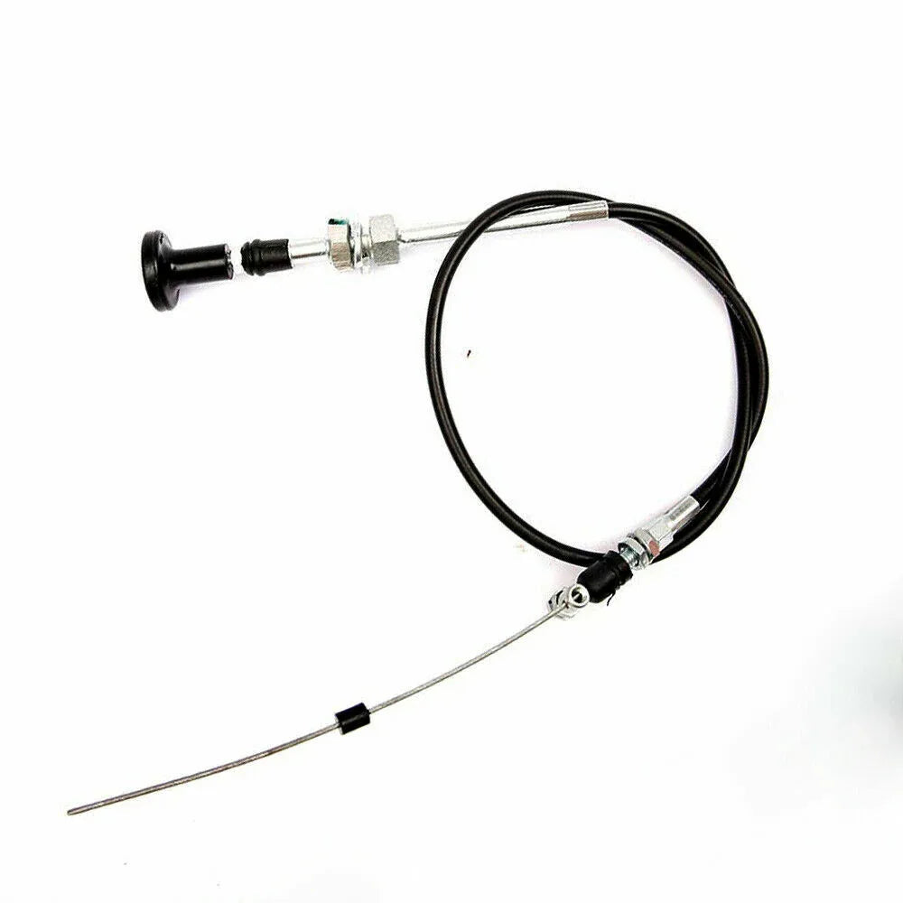 Tractor stop cable with black cable, metal connectors, and control rod