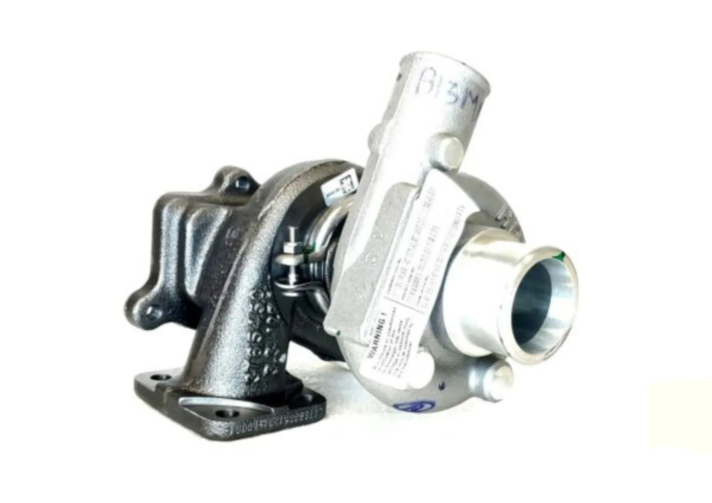 Turbo charger assembly with metal housing and inlet pipe, angled side view