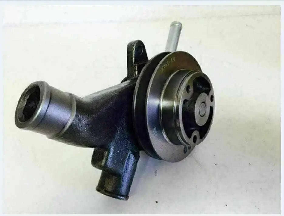 Water pump assembly with metal flange, outlet pipe, and dark pump housing