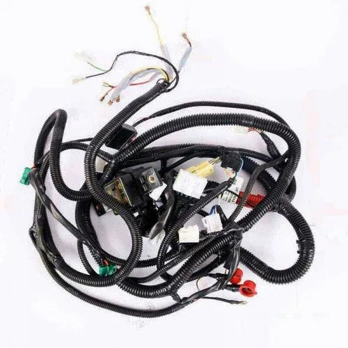 Tractor wiring harness with black cable loom and multi-pin connectors