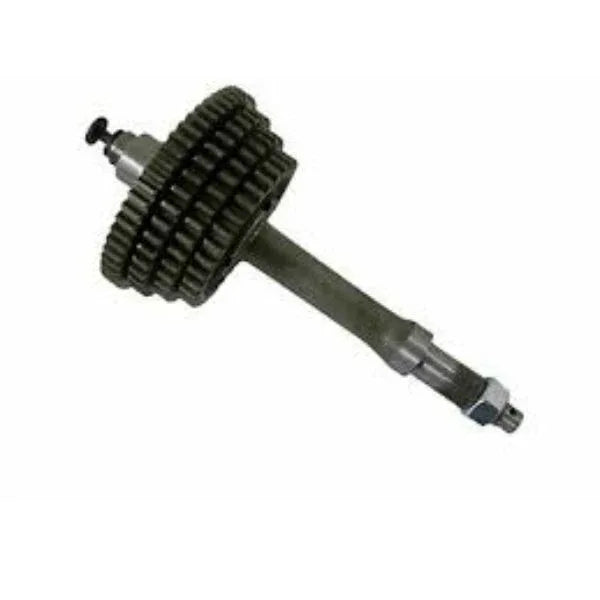 Main shaft assembly for motorcycles, steel construction, essential for gearbox function.