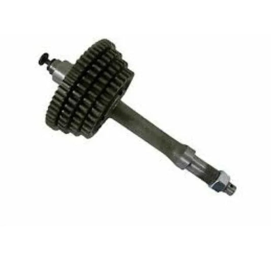 Main shaft assembly for motorcycles, steel construction, essential for gearbox function.