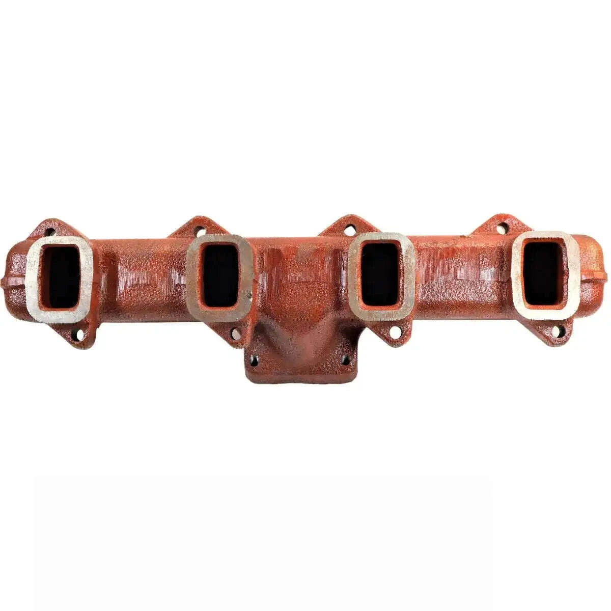 Rust-brown cast iron tractor exhaust manifold with four square ports