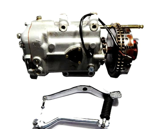 5-speed gearbox with kick lever and gear shifter levers, silver metal and black grips