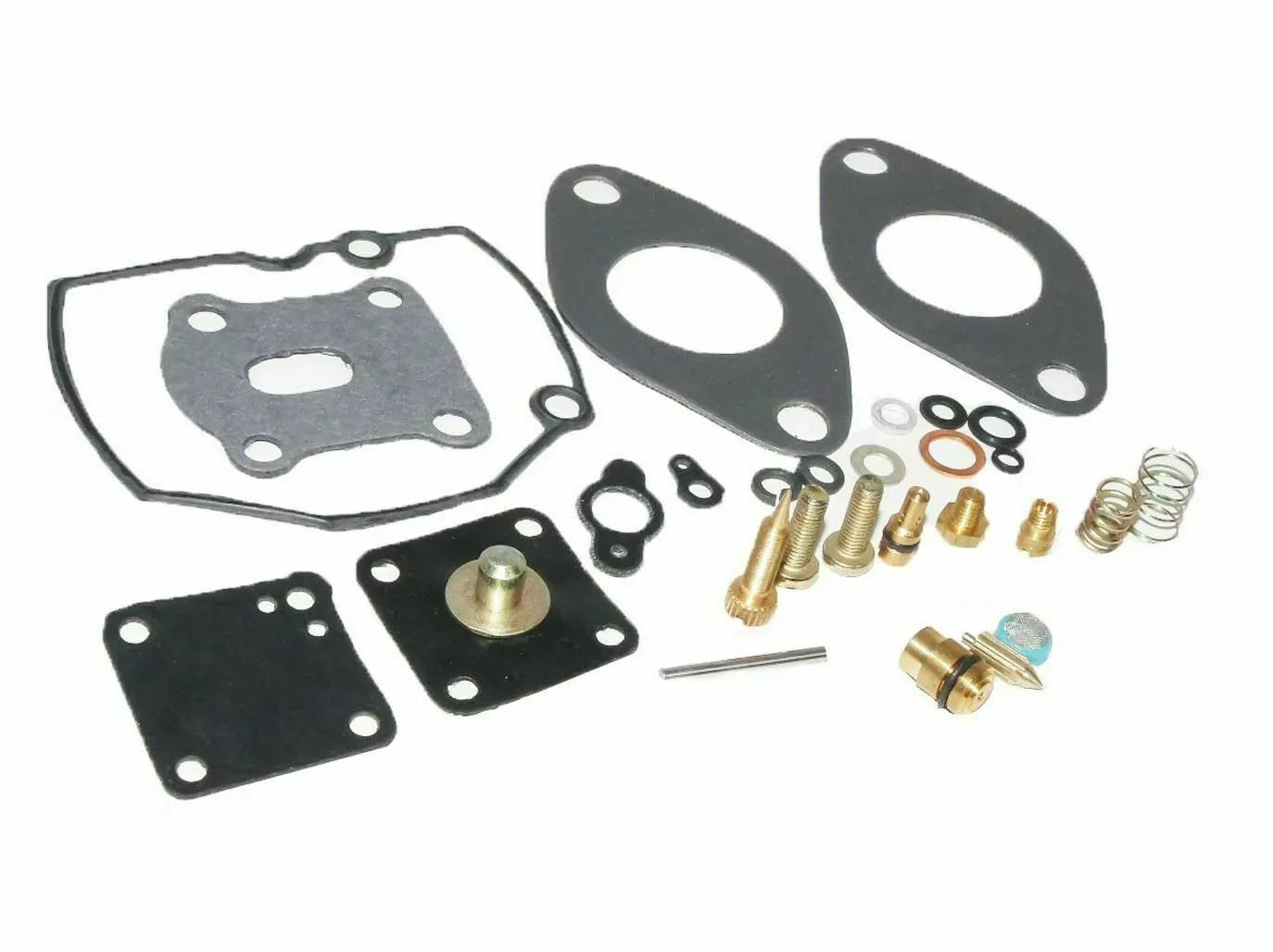 Carburettor repair kit with gaskets, screws, springs, and brass fittings