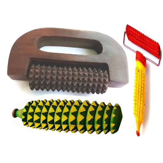 Acupressure wooden face massager set with spiked rollers and wooden handle