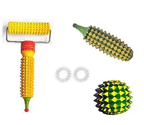 Wooden face acupressure roller with spiked head, yellow-green finger rings
