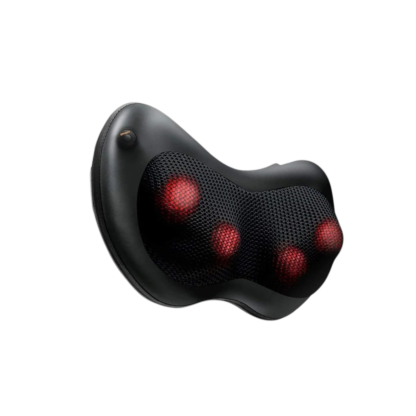 Curved black shiatsu massage cushion with mesh front and red glowing nodes
