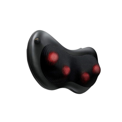 Curved black shiatsu massage cushion with mesh front and red glowing nodes
