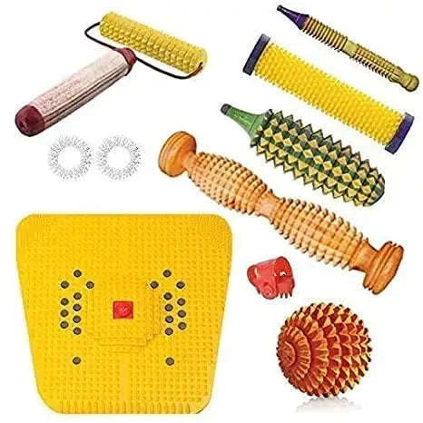 Massager tools combo kit featuring power mat and foot roller for stress relief