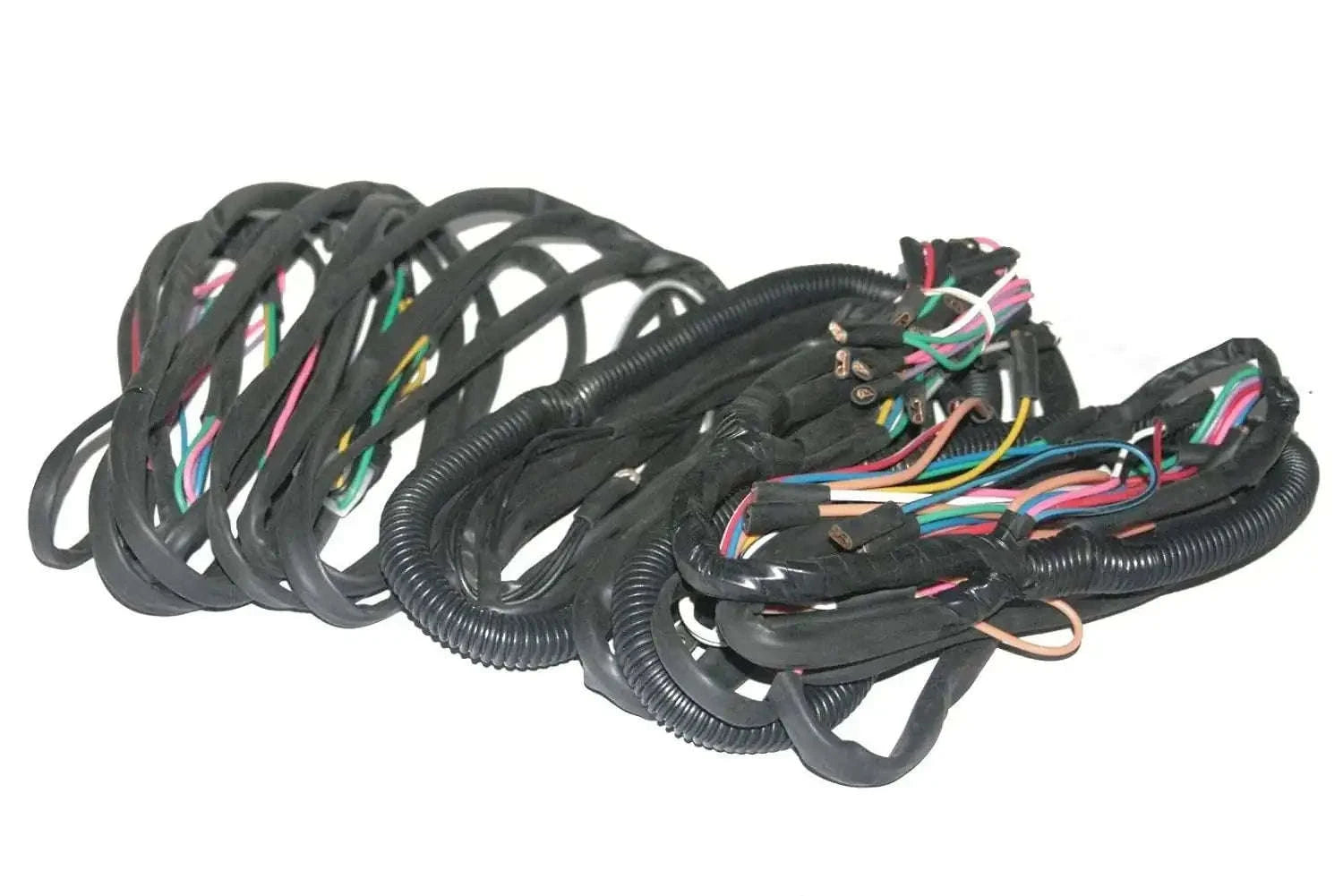 Tractor wiring harness loom assembly with black sheathing and multi-color wire connectors