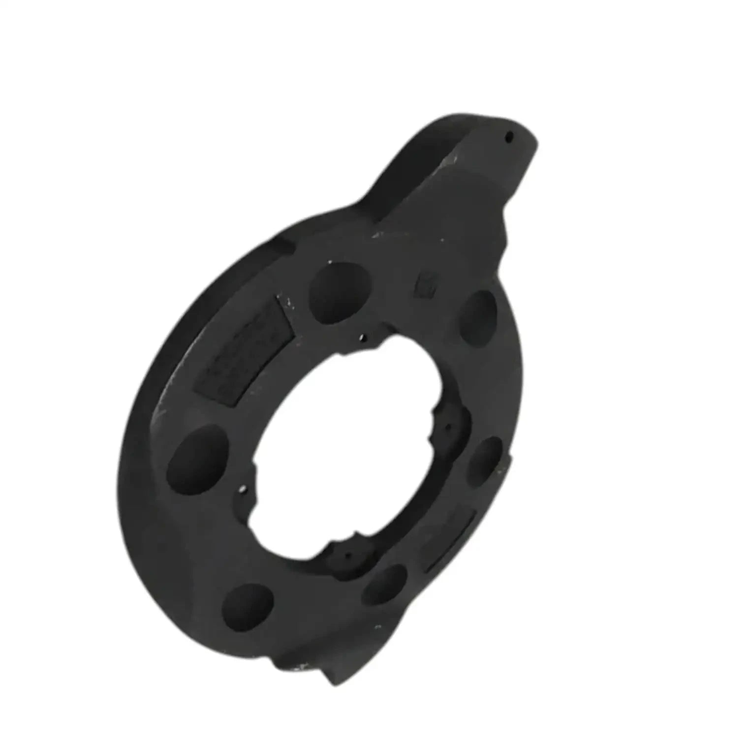 Brake actuating plate, black steel curved shape with bolt holes and central cutout