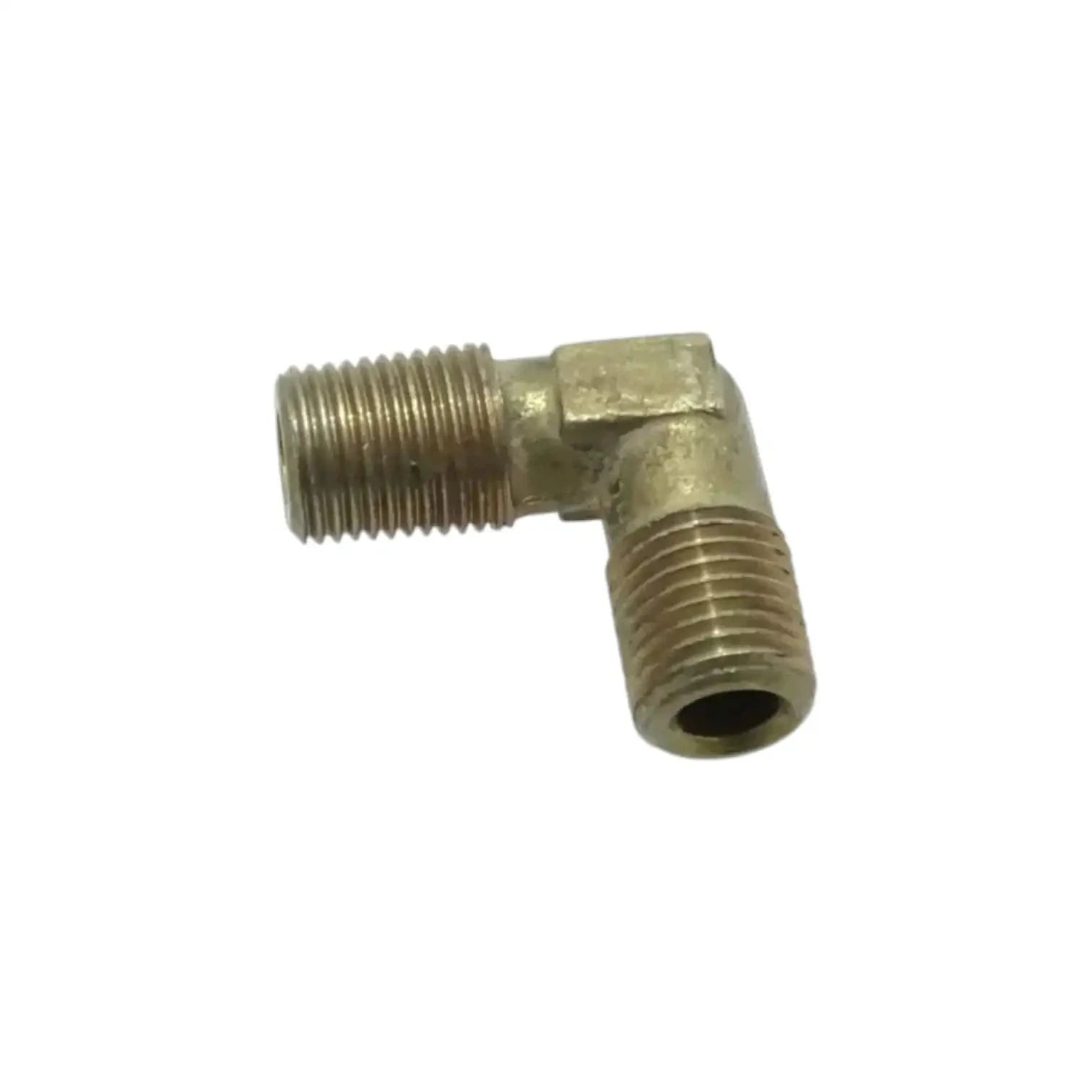 Brass threaded connection elbow fitting with right-angle bend and two male ends