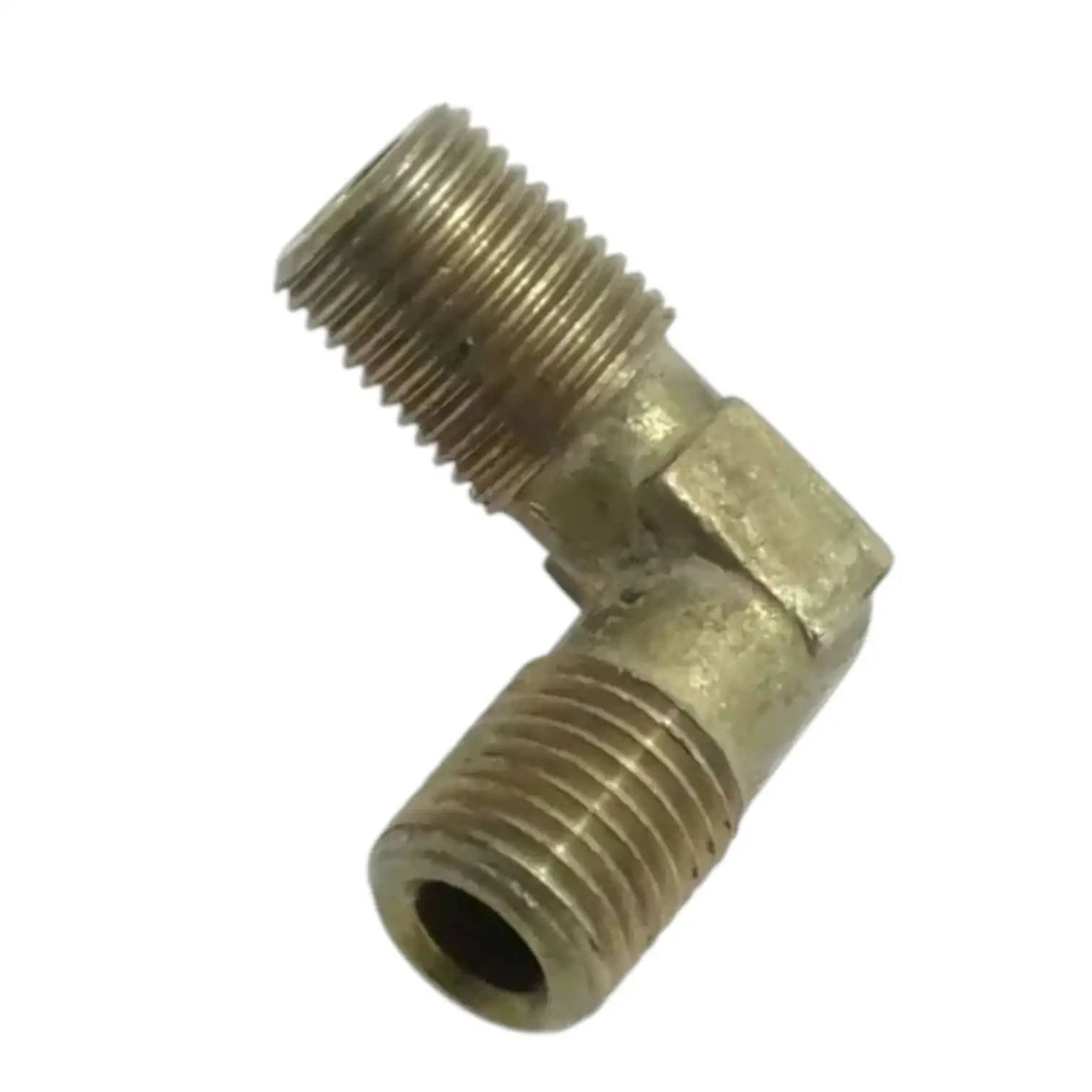 Brass 90-degree elbow fitting with two male threaded ports and one open bore end