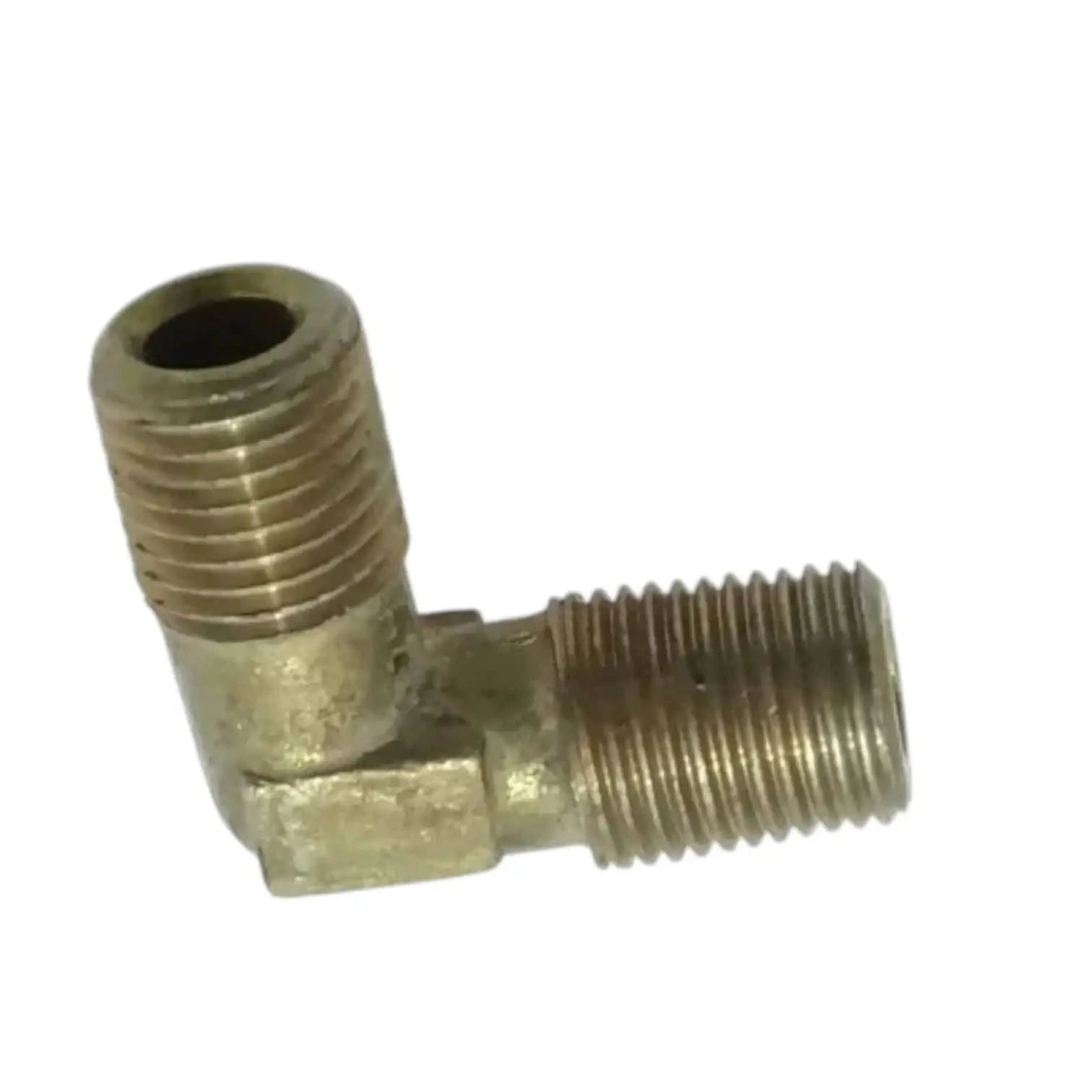 Brass right-angle elbow fitting with two male threads and exposed opening on one side