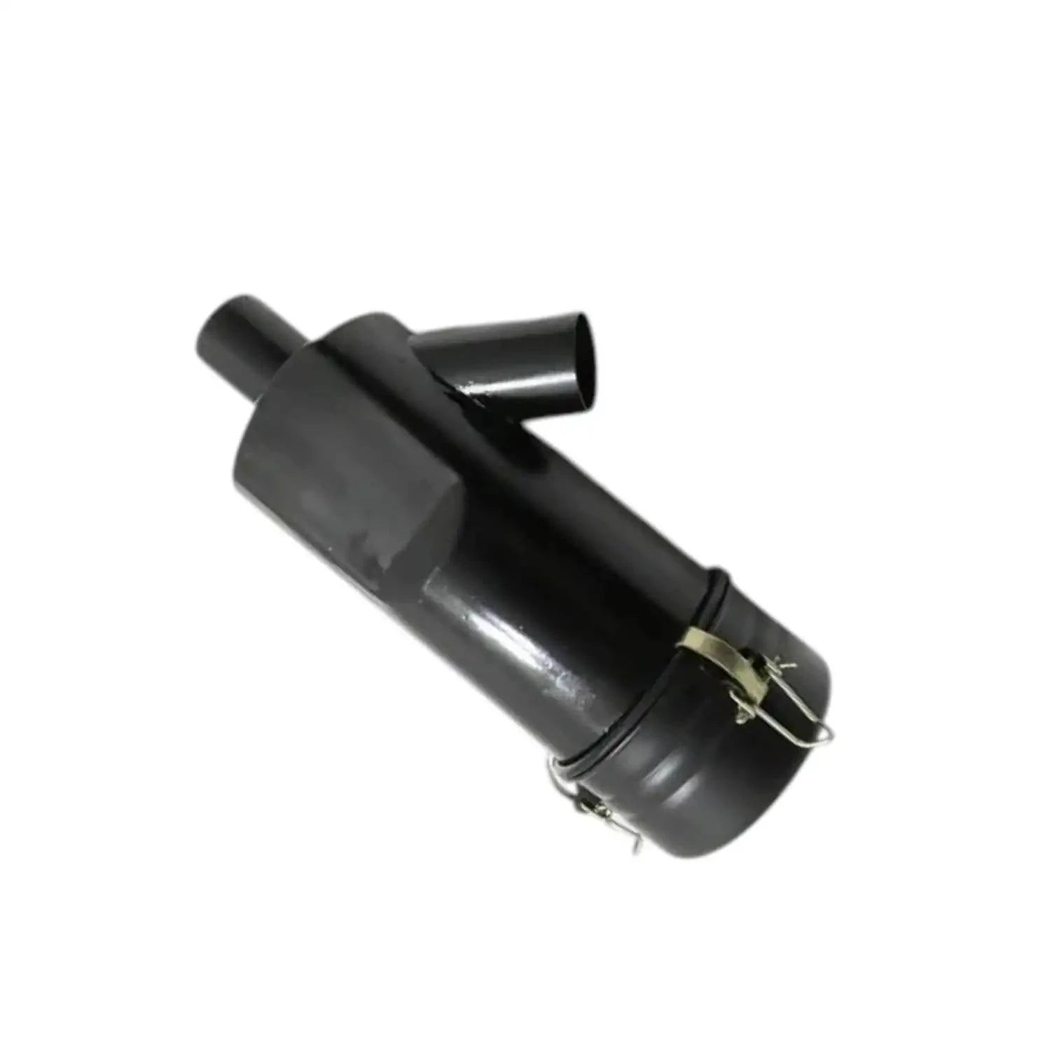 Air cleaner assembly with angled side outlet and dark round intake housing