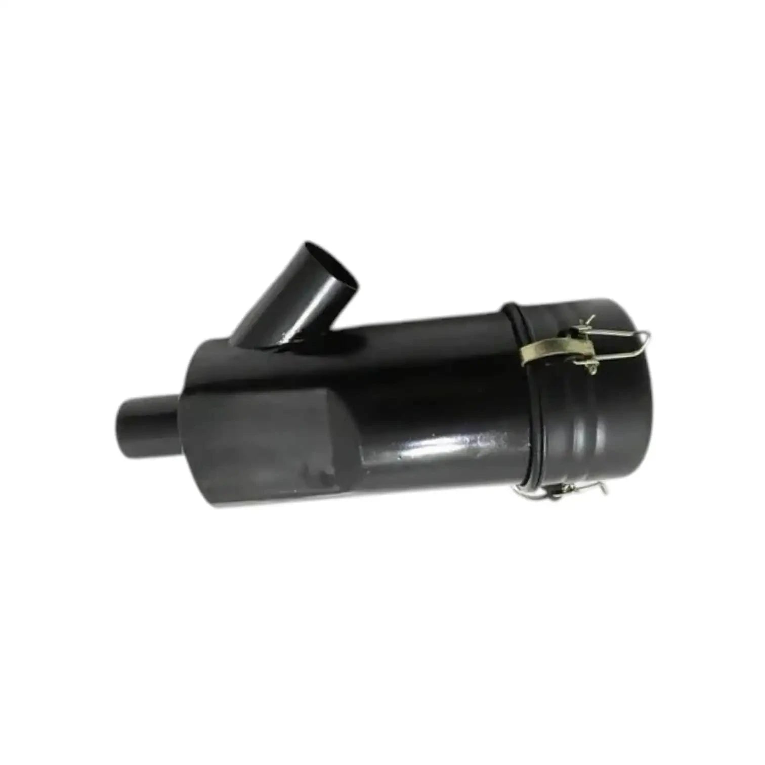 Air cleaner assembly, dark plastic housing with outlet tube and metal clamps