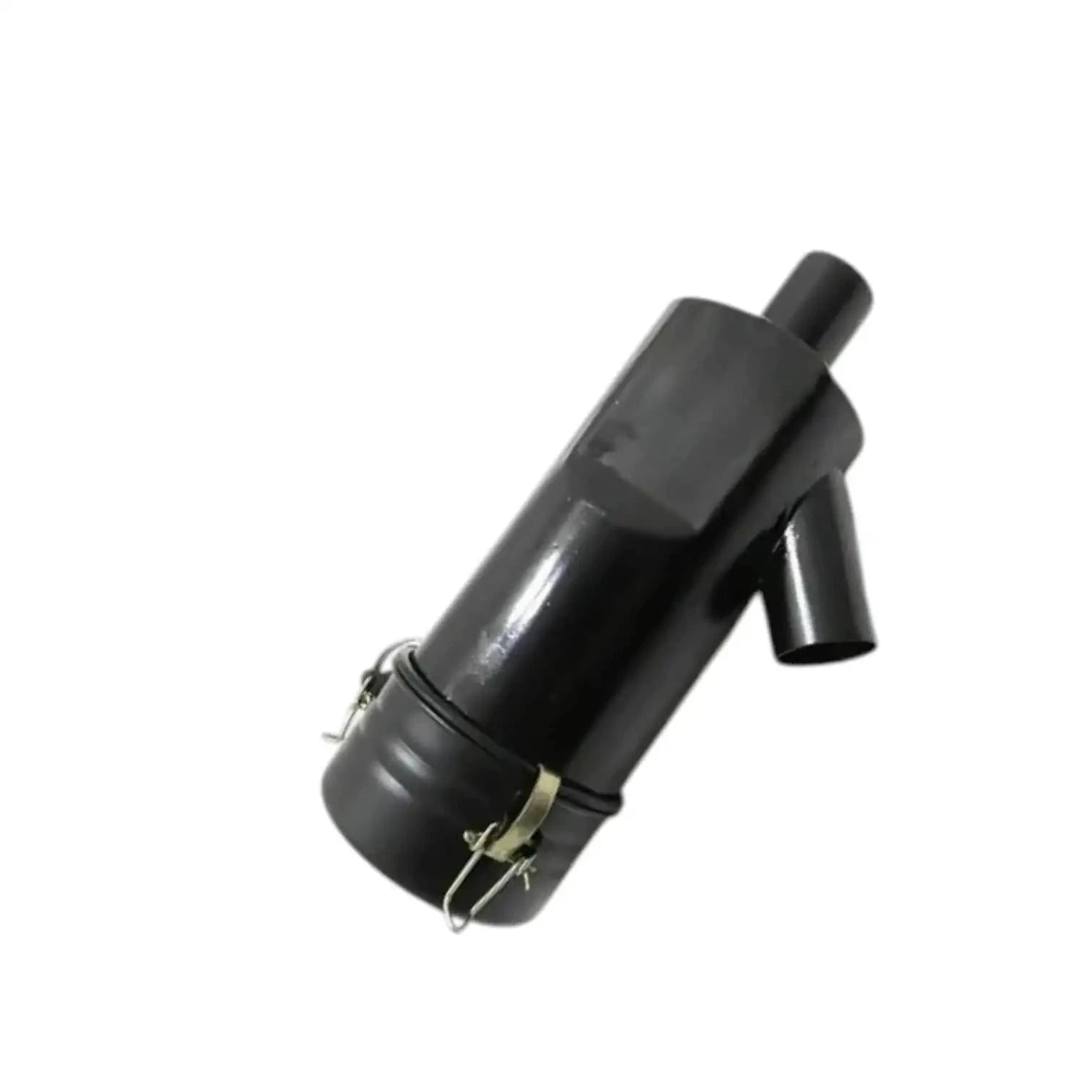 Air cleaner assembly with slanted top cover, side outlet pipe, and metal straps