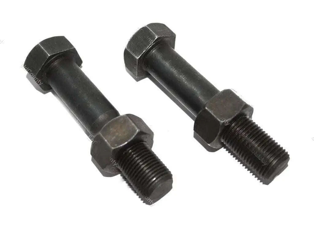Pair of front axle bolts with hex heads and threaded shanks