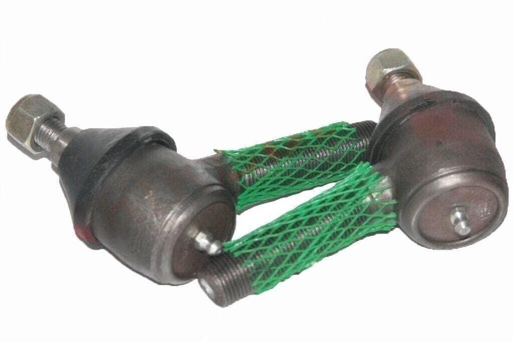 Rear tie rod end with rubber boots, threaded studs, and green protective braid
