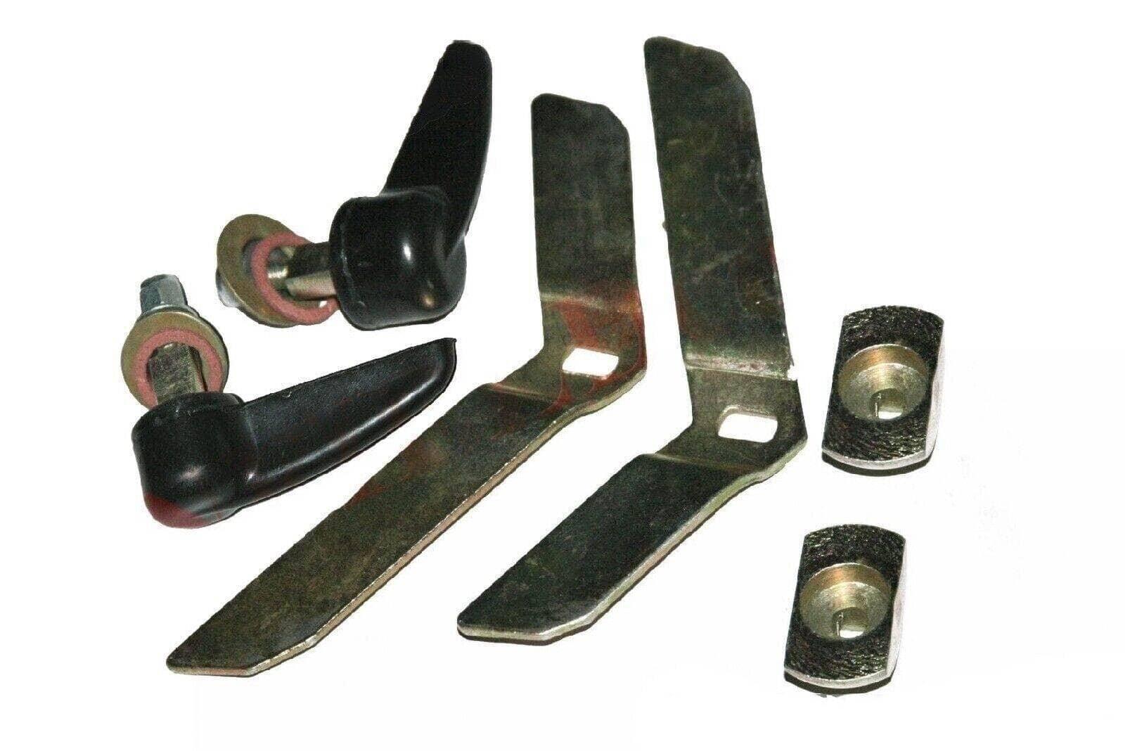 Bonnet fastener kit: black handle latches, curved steel brackets, and paired mounting nuts