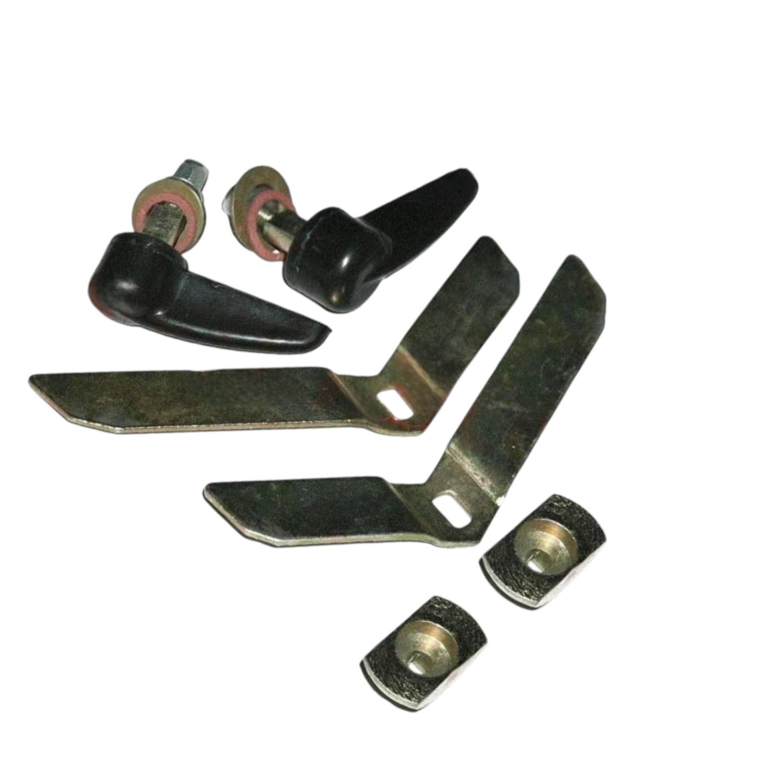 Bonnet fastener kit with two black latches, three steel straps, and four zinc nuts