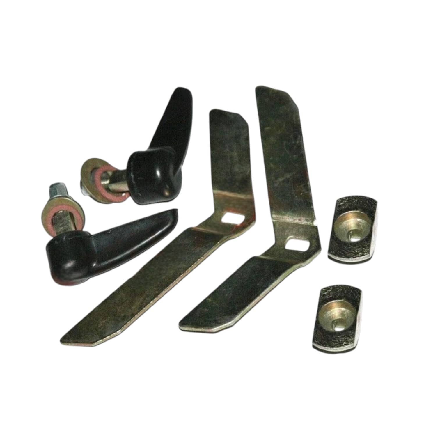 Bonnet fastener kit with two black latches, three steel straps, and zinc-plated mounting nuts