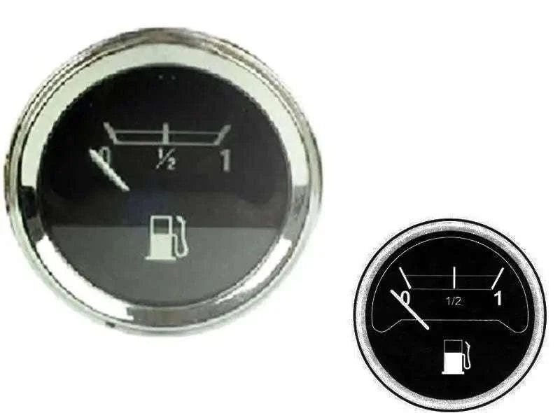 Round tractor fuel gauge with black face, white needle and fuel level icons