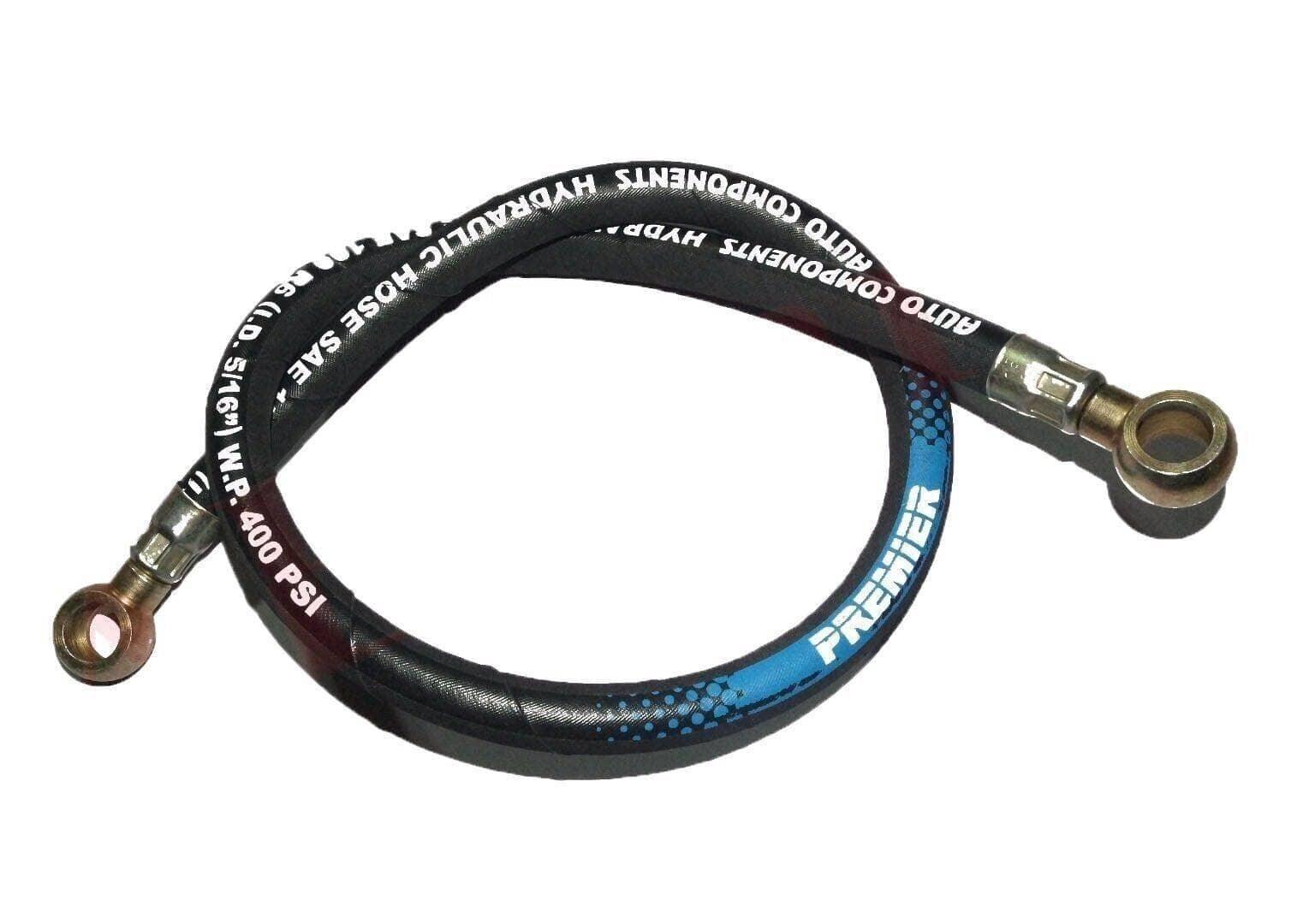 Diesel fuel banjo hose, black rubber line with blue stripe and metal banjo fittings