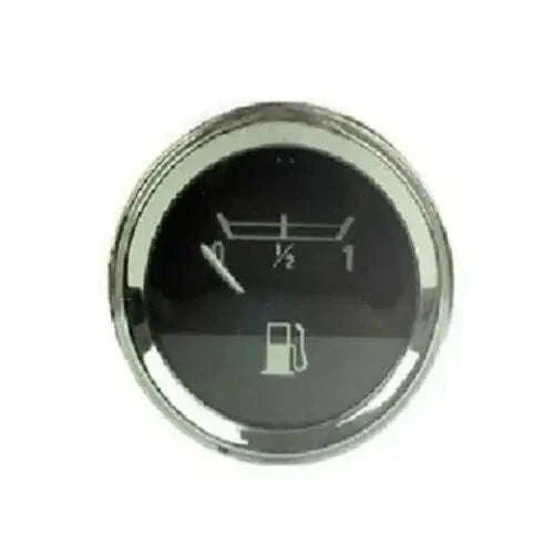 Fuel gauge with black dial and chrome bezel, showing tank levels 1 and 2