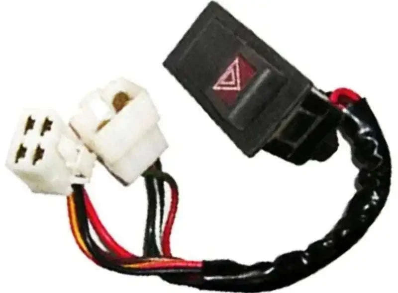 Hazard switch with black housing, red warning triangle, and wire harness.