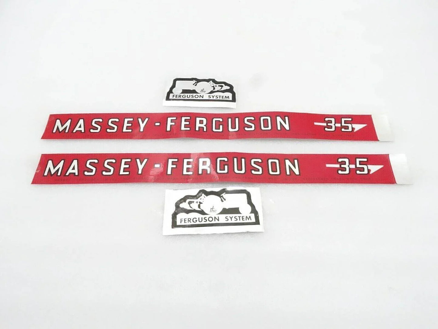 Massey Ferguson MF35 decal set, vinyl, includes two red and white decals for tractor customization