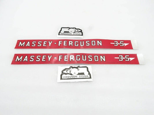 Massey Ferguson MF35 decal set with bold red and white designs for tractor restoration