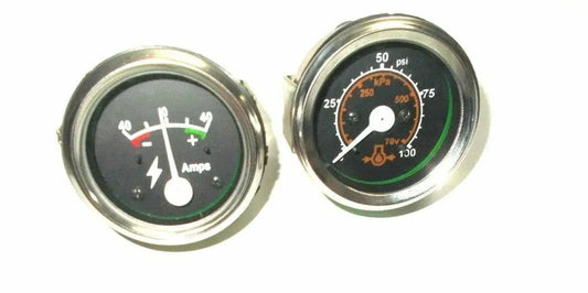 Oil pressure gauge and ammeter set with chrome bezels, dark faces and needle scales