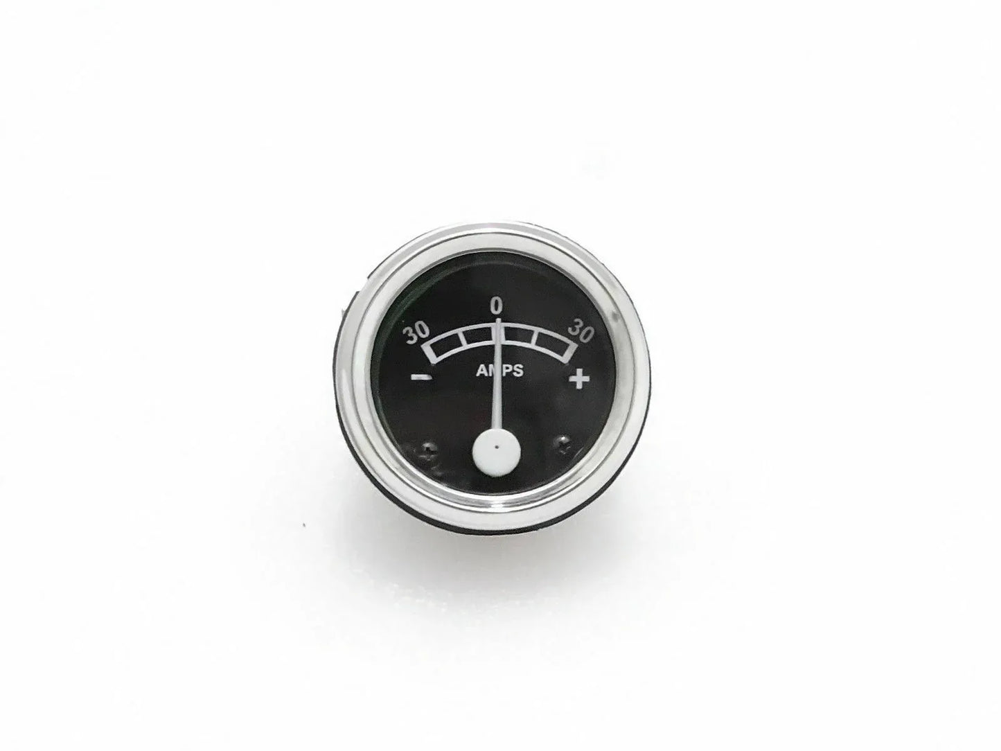 Massey Ferguson model amp meter clock ammeter gauge, 30 amps, round black dial with chrome bezel