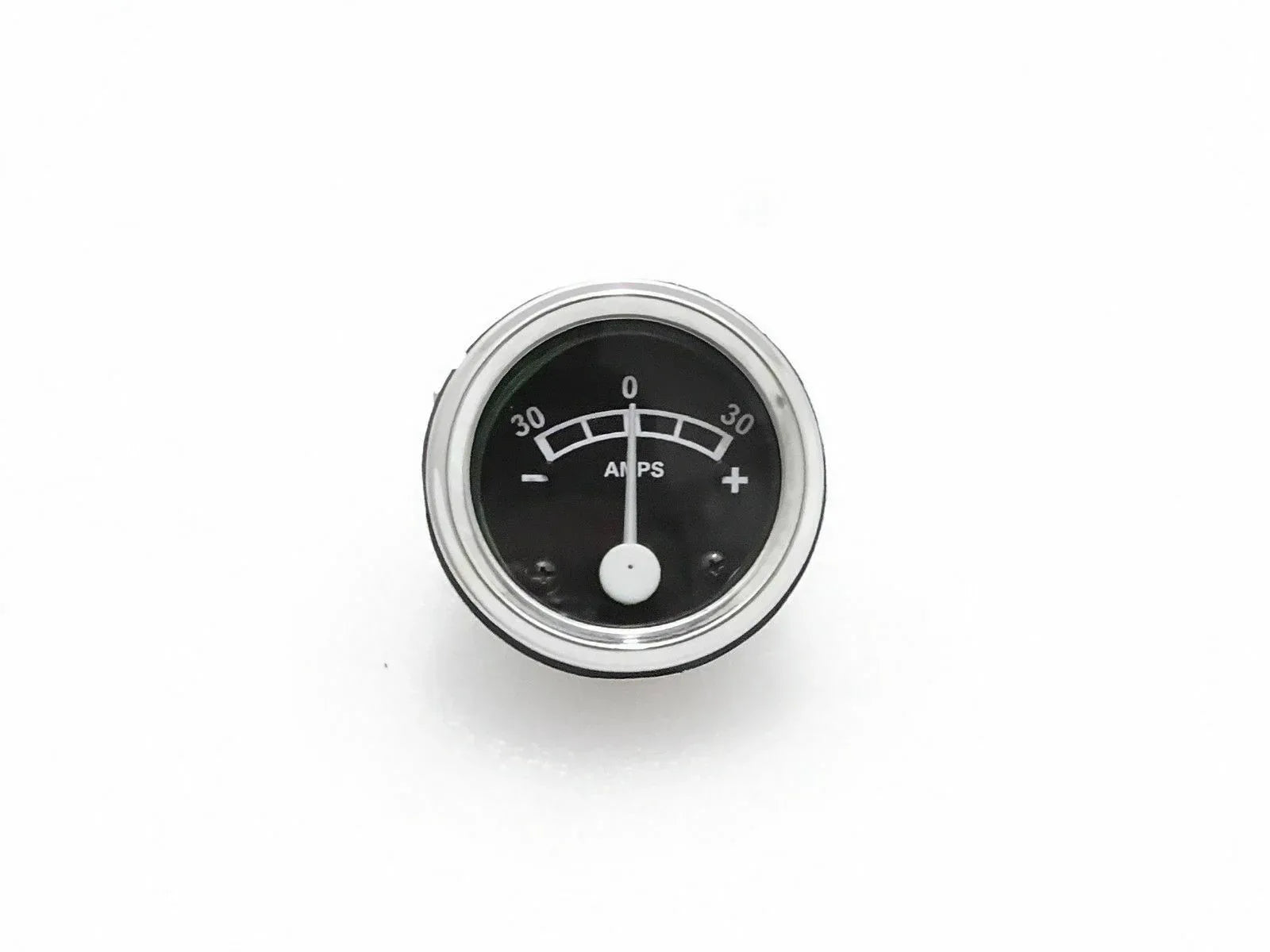 Massey Ferguson model amp meter clock ammeter gauge, 30 amps, round black dial with chrome bezel