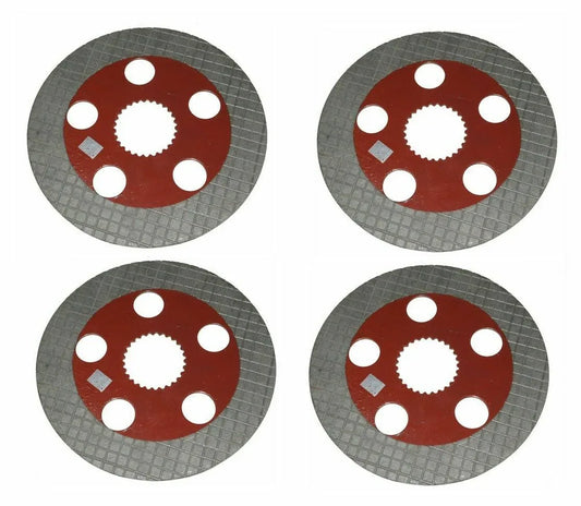 Four oil brake plates for Massey Ferguson model, durable steel with a textured finish for reliable performance