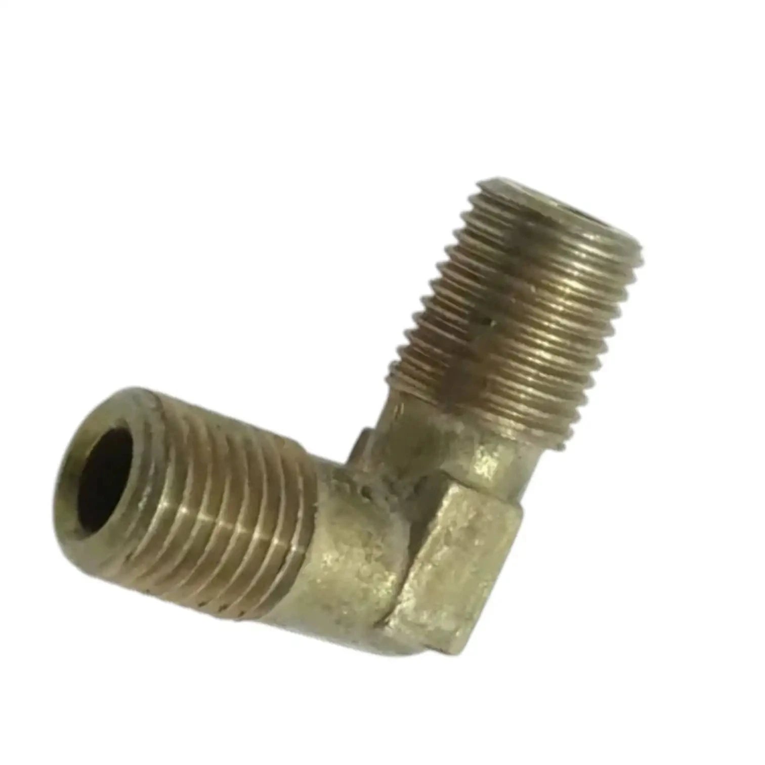 Brass L-shaped elbow fitting with open bore end and male threaded outlet